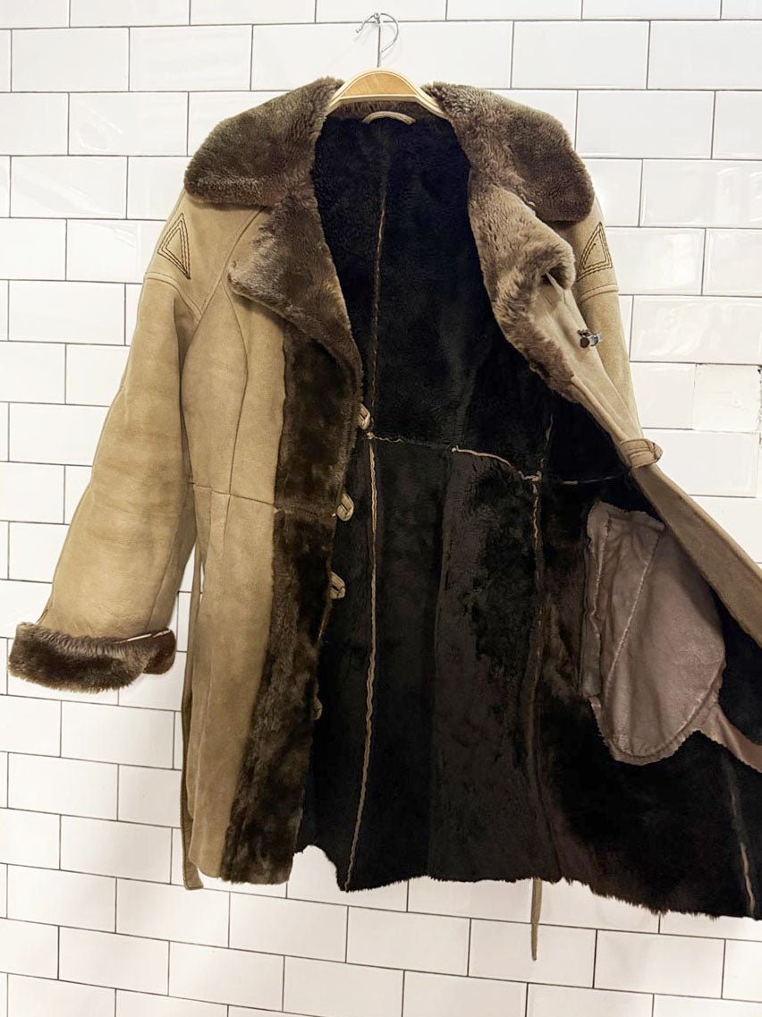 vintage boho embroidered sheepskin belted toggle parka - good market thrift store