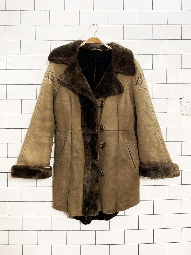 vintage boho embroidered sheepskin belted toggle parka - good market thrift store