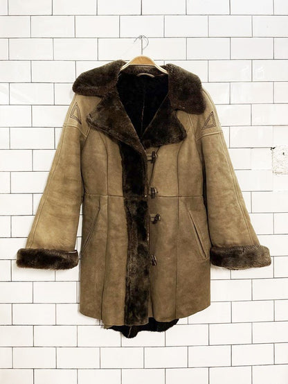 vintage boho embroidered sheepskin belted toggle parka - good market thrift store