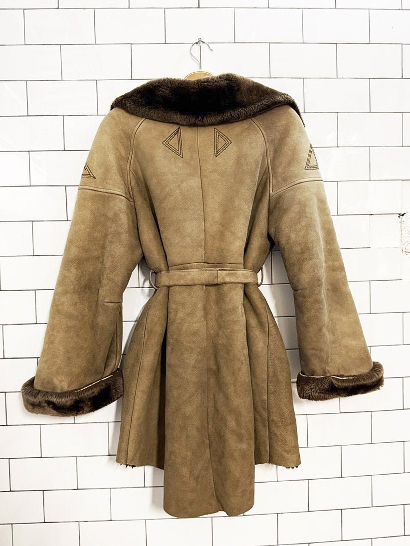 vintage boho embroidered sheepskin belted toggle parka - good market thrift store