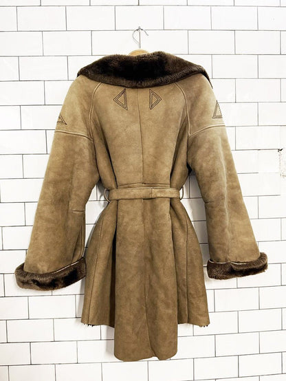 vintage boho embroidered sheepskin belted toggle parka - good market thrift store