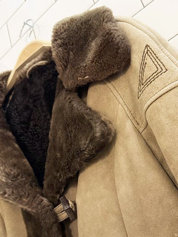 vintage boho embroidered sheepskin belted toggle parka - good market thrift store