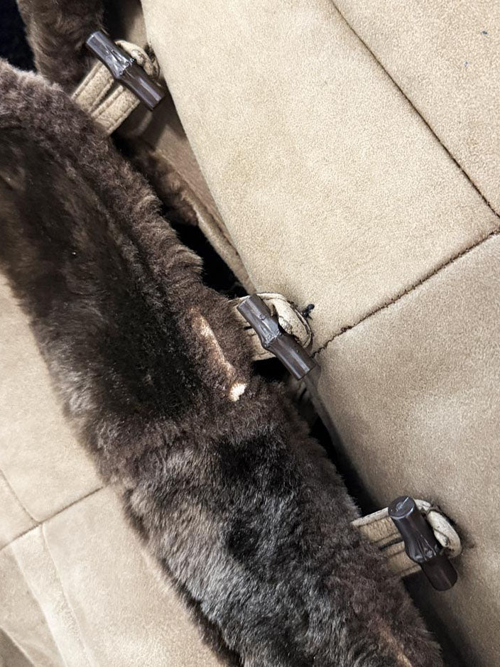 vintage boho embroidered sheepskin belted toggle parka - good market thrift store