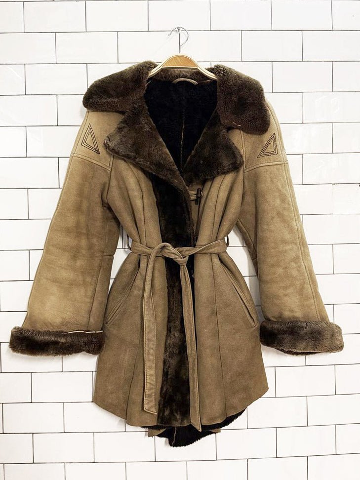 vintage boho embroidered sheepskin belted toggle parka - good market thrift store