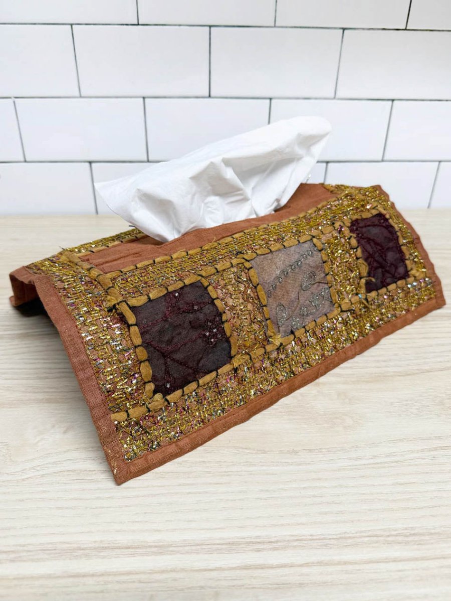 vintage boho hand embroidered & beaded tissue box cover - good market thrift store