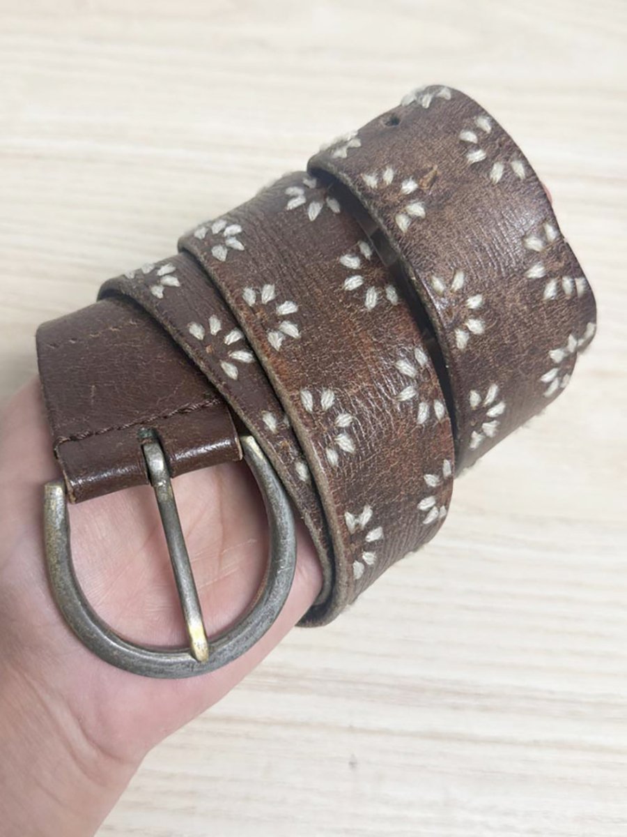 vintage boho leather embroidered stitch trim belt - good market thrift store
