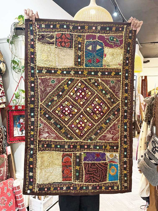 vintage boho mosaic patchwork embroidered wall hanging table runner | made in India - good market thrift store