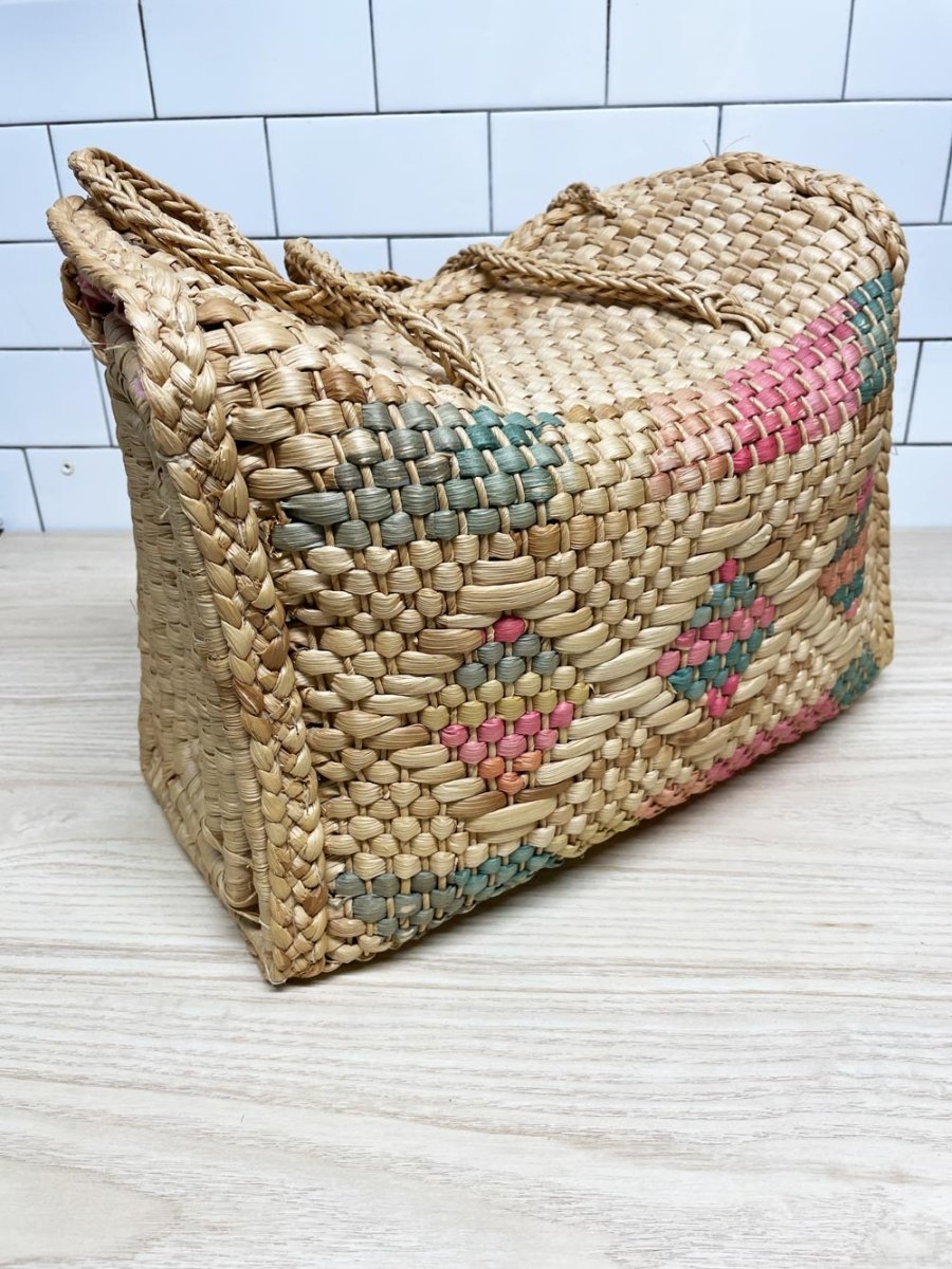 vintage boho soft basket bag with handles | gingham lining - good market thrift store