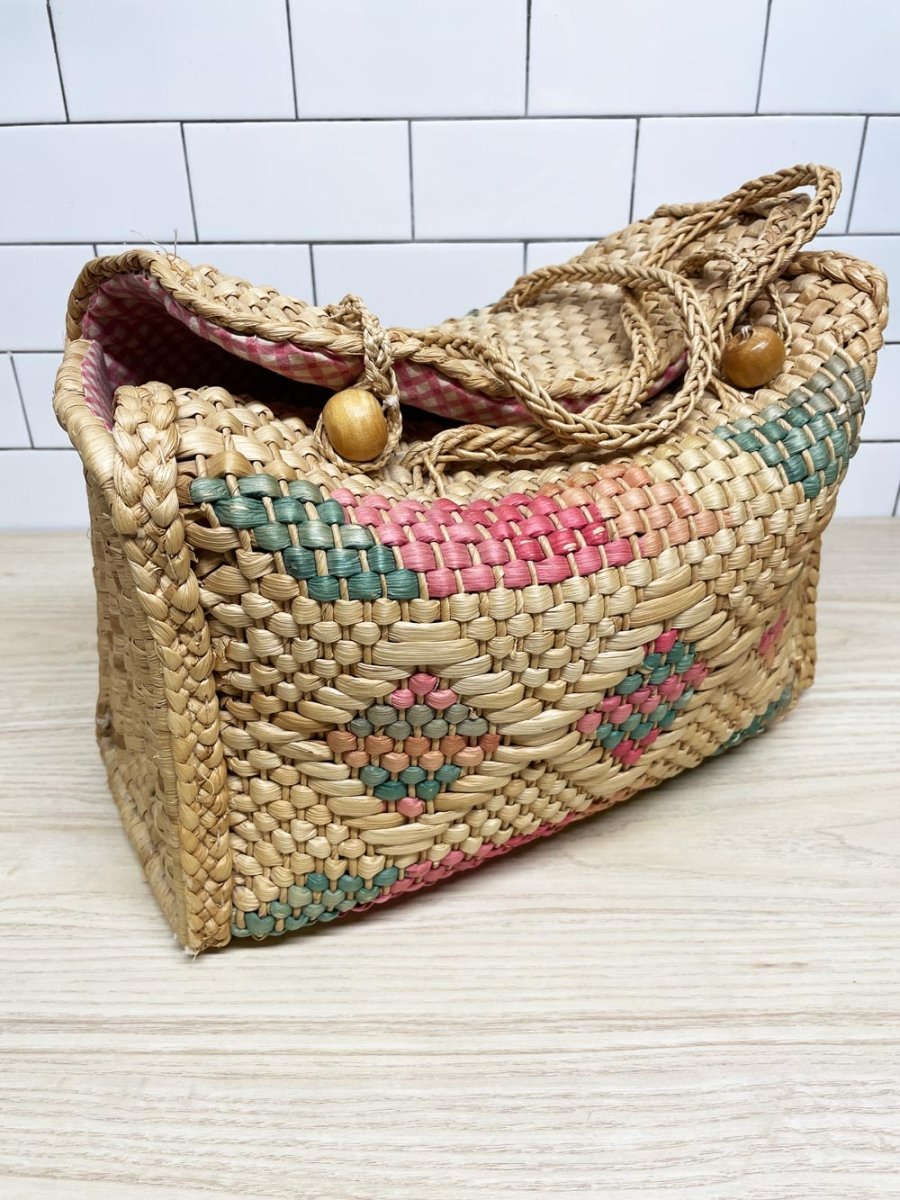 vintage boho soft basket bag with handles | gingham lining - good market thrift store