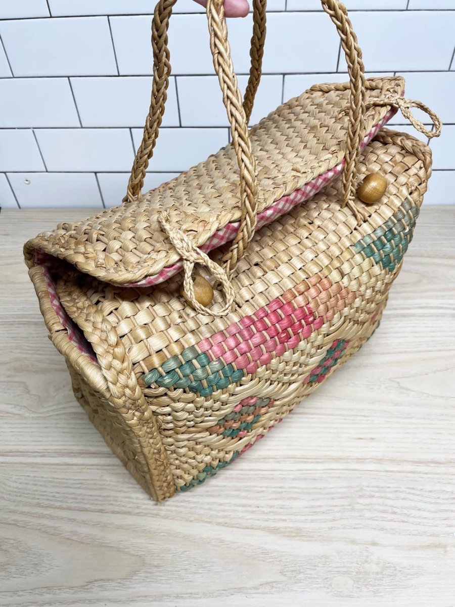 vintage boho soft basket bag with handles | gingham lining - good market thrift store