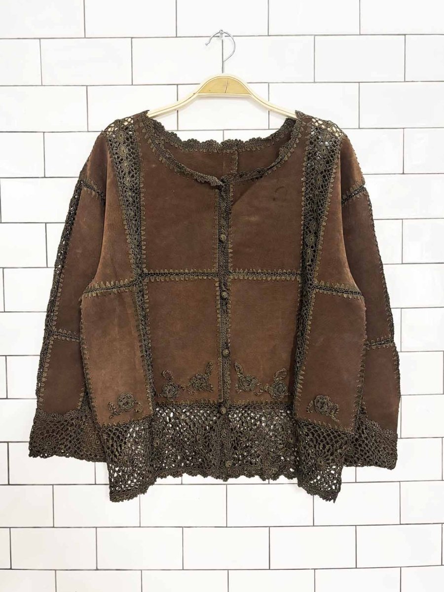 vintage boho suede crochet patchwork button down - good market thrift store