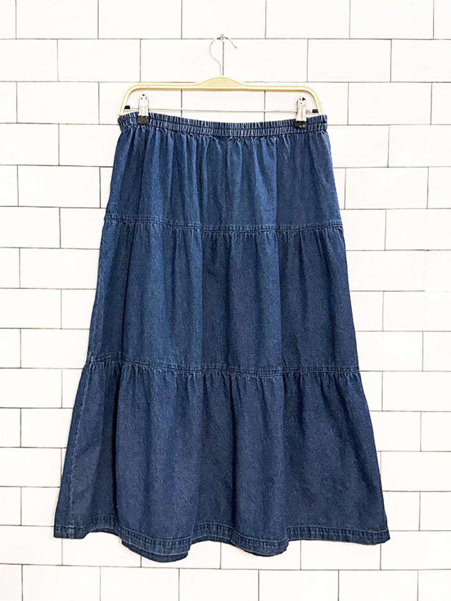 vintage boho tiered prairie denim midi skirt - good market thrift store