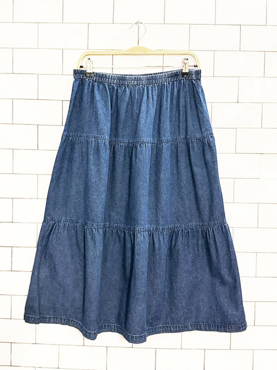 vintage boho tiered prairie denim midi skirt - good market thrift store