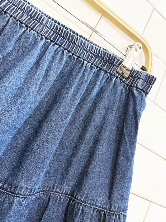 vintage boho tiered prairie denim midi skirt - good market thrift store