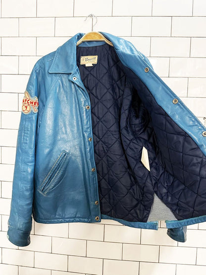 vintage bonwitt blue leather baseball patch varsity jacket | championship athletic wear - good market thrift store