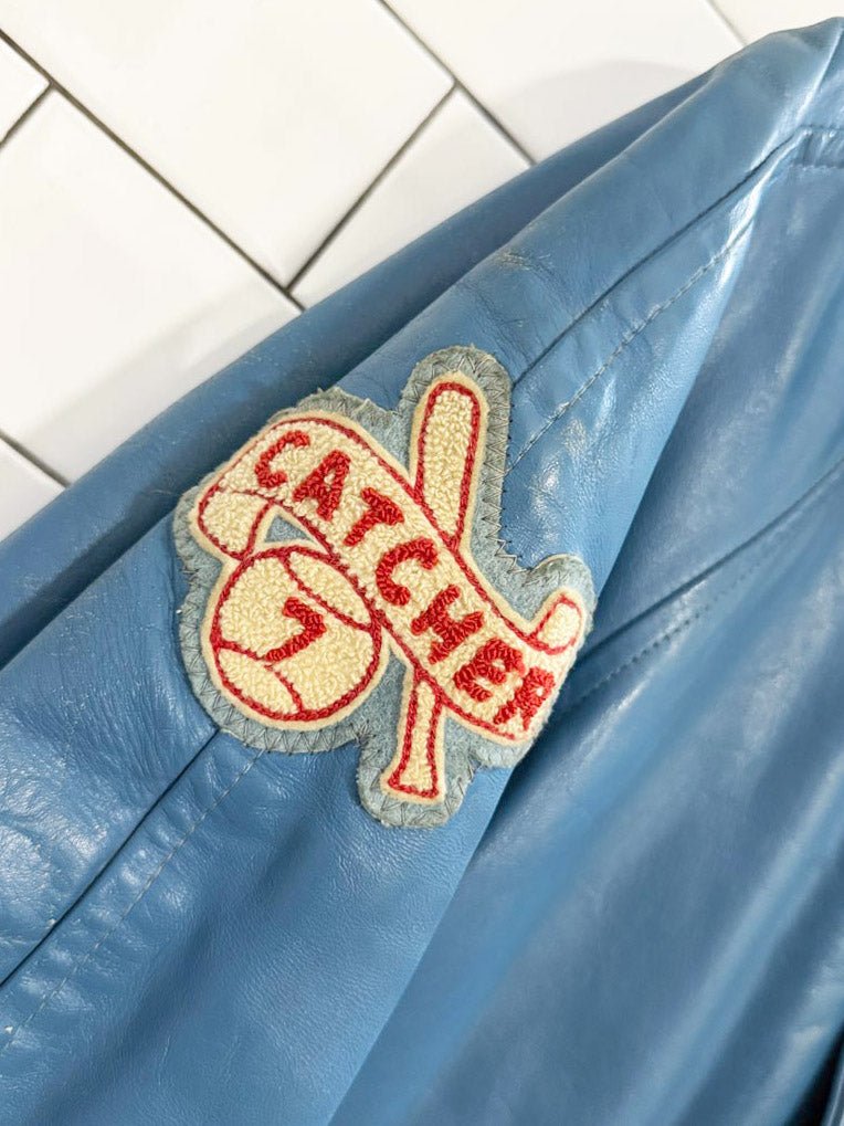 vintage bonwitt blue leather baseball patch varsity jacket | championship athletic wear - good market thrift store