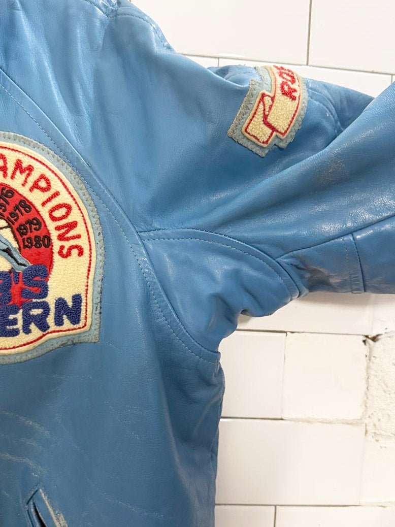 vintage bonwitt blue leather baseball patch varsity jacket | championship athletic wear - good market thrift store
