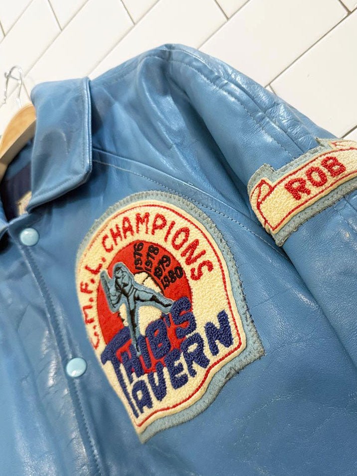 vintage bonwitt blue leather baseball patch varsity jacket | championship athletic wear - good market thrift store