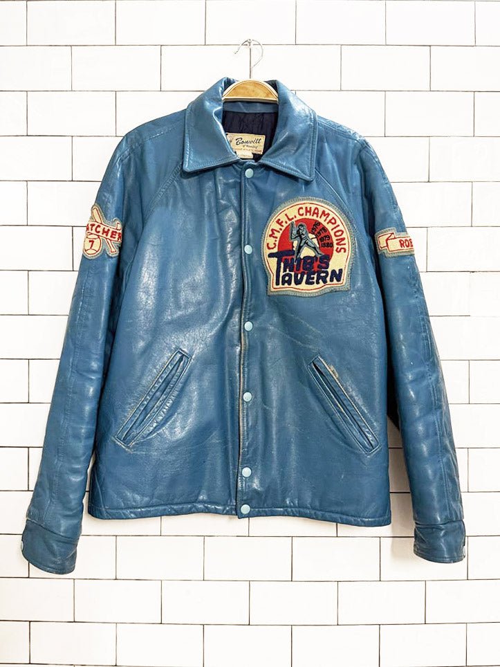 vintage bonwitt blue leather baseball patch varsity jacket | championship athletic wear - good market thrift store