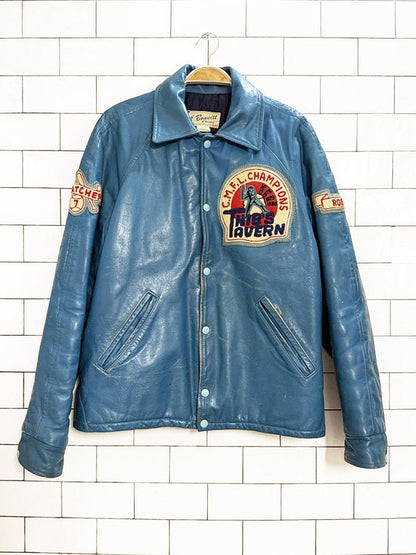 vintage bonwitt blue leather baseball patch varsity jacket | championship athletic wear - good market thrift store