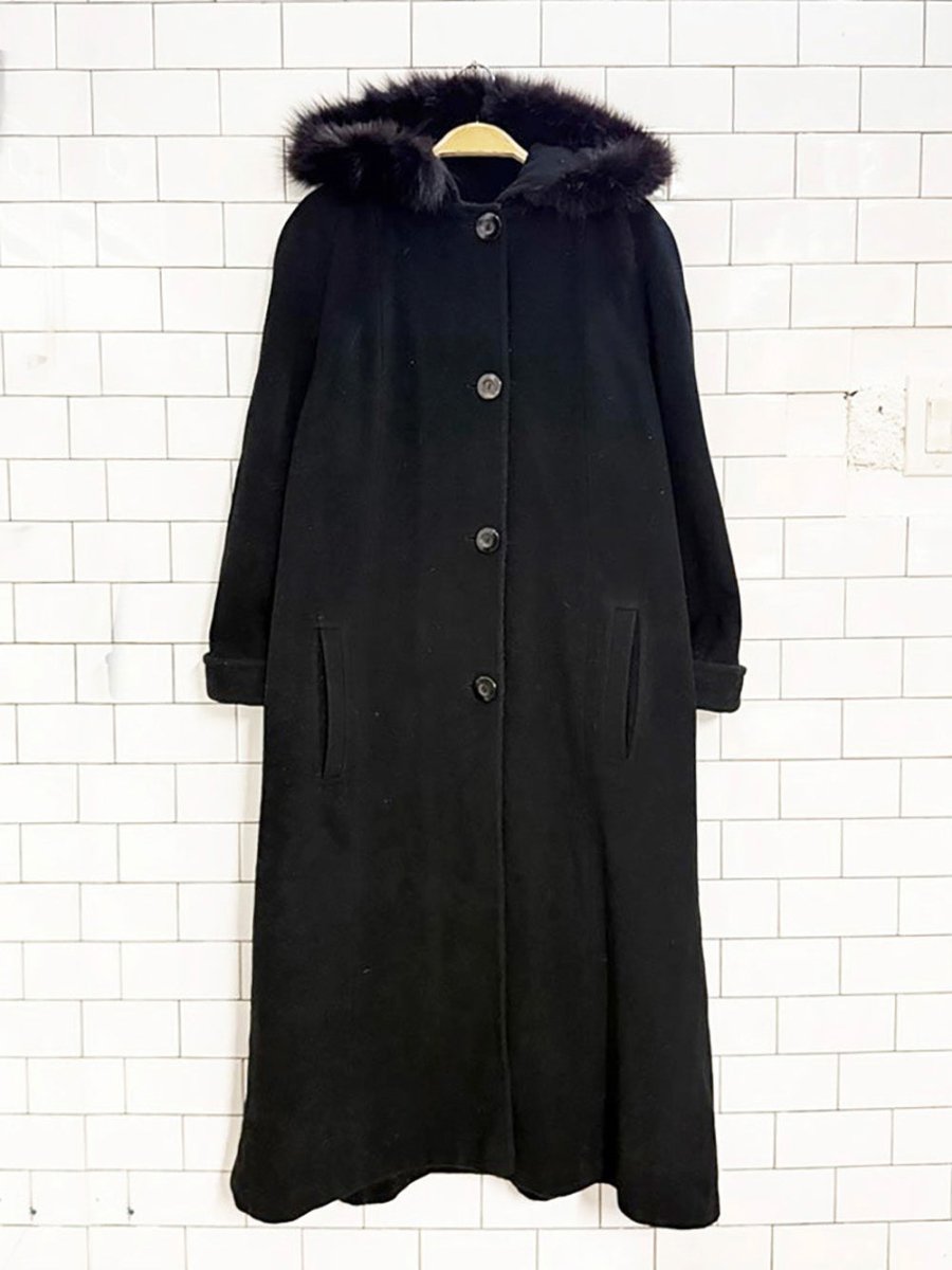vintage braemer fox fur hooded wool - cashmere long coat - good market thrift store
