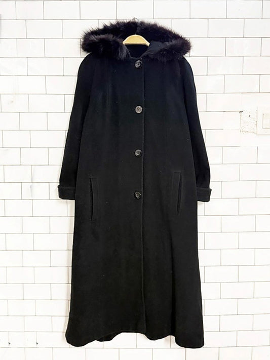 vintage braemer fox fur hooded wool - cashmere long coat - good market thrift store