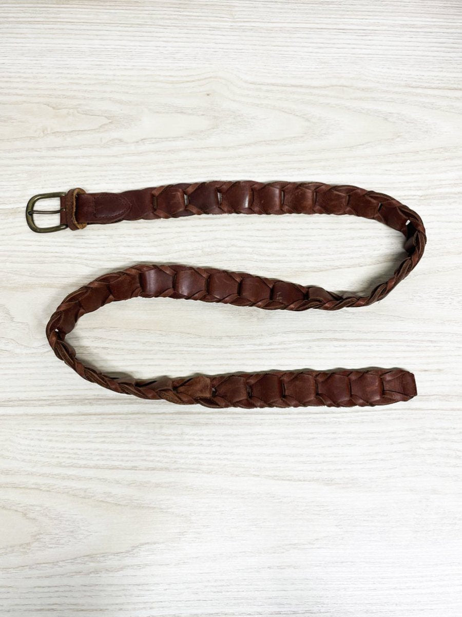 vintage braided ladder leather brass buckle belt - good market thrift store