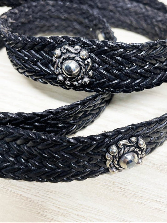 vintage braided leather silver floral studded western belt - good market thrift store