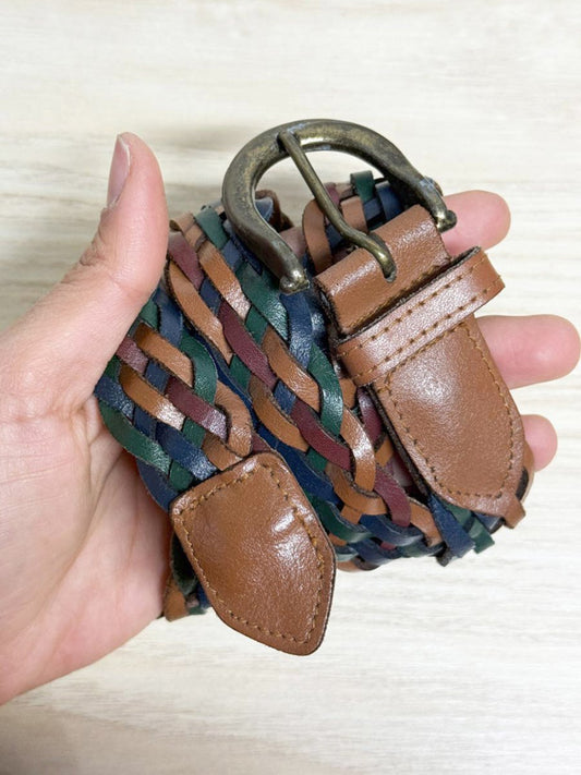 vintage brass buckle leather multi - color woven belt - good market thrift store