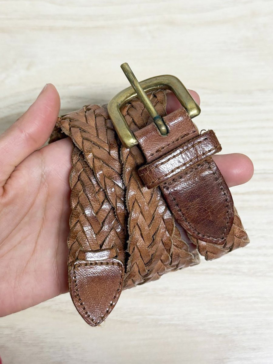 vintage brass buckle leather woven belt - good market thrift store