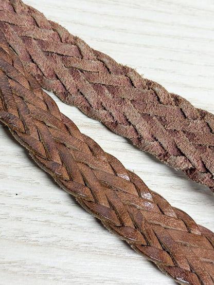 vintage brass buckle leather woven belt - good market thrift store