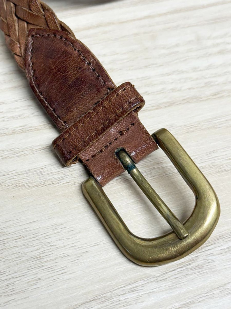 vintage brass buckle leather woven belt - good market thrift store