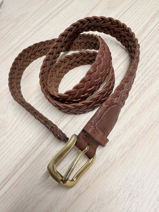 vintage brass buckle woven leather belt - good market thrift store