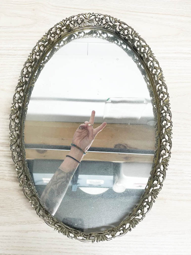 vintage brass framed ornate oval vanity mirror tray - good market thrift store