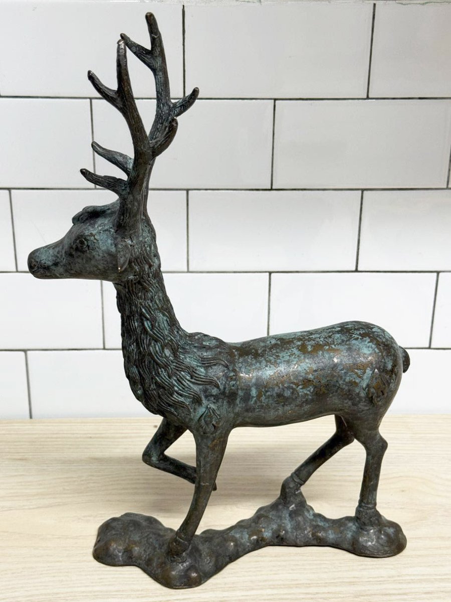 vintage bronze mid century modern standing deer sculpture - good market thrift store