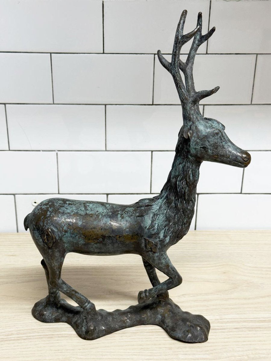 vintage bronze mid century modern standing deer sculpture - good market thrift store