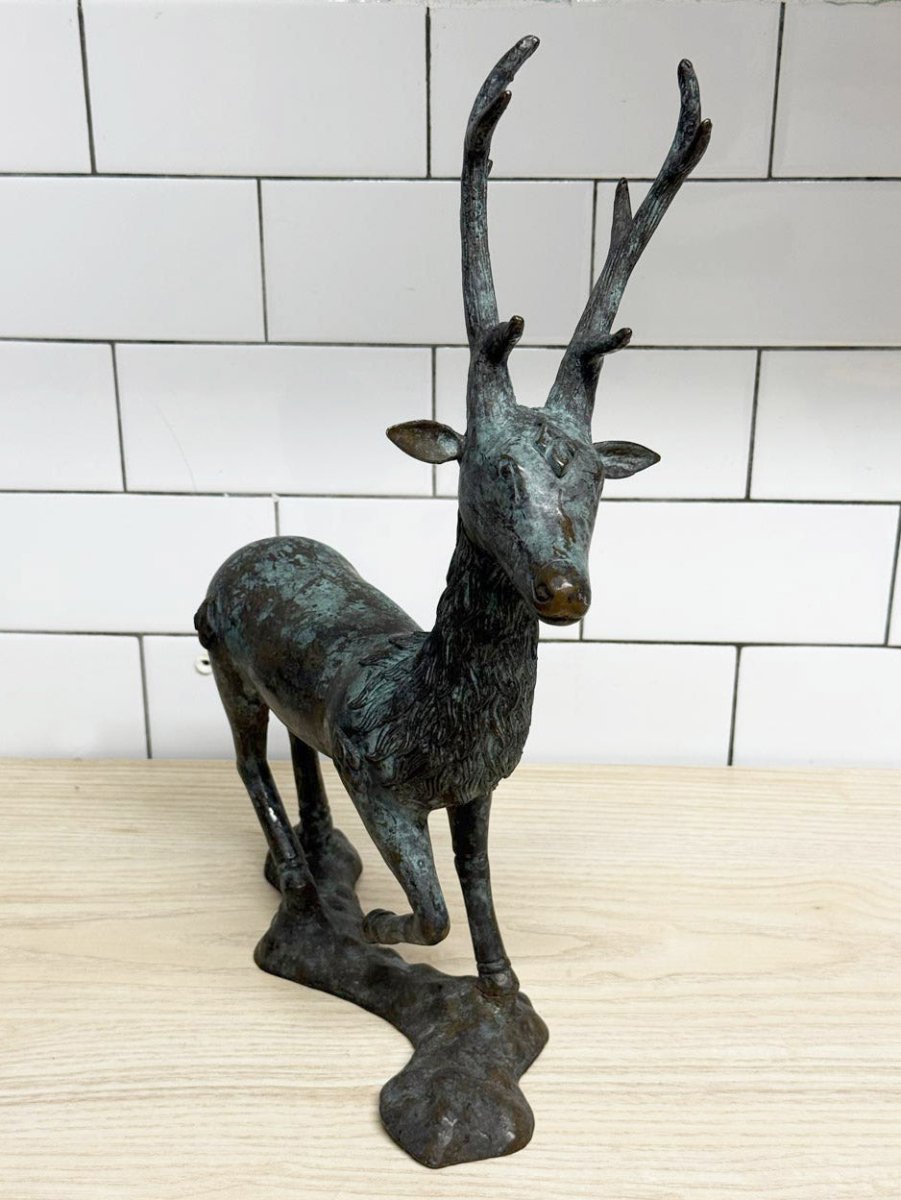 vintage bronze mid century modern standing deer sculpture - good market thrift store