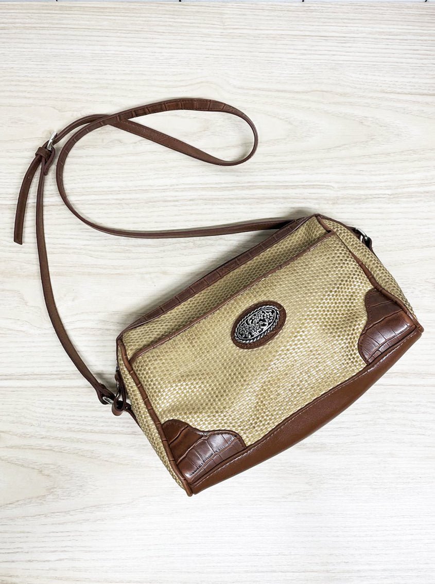 vintage bueno woven floral crest shoulder bag - good market thrift store