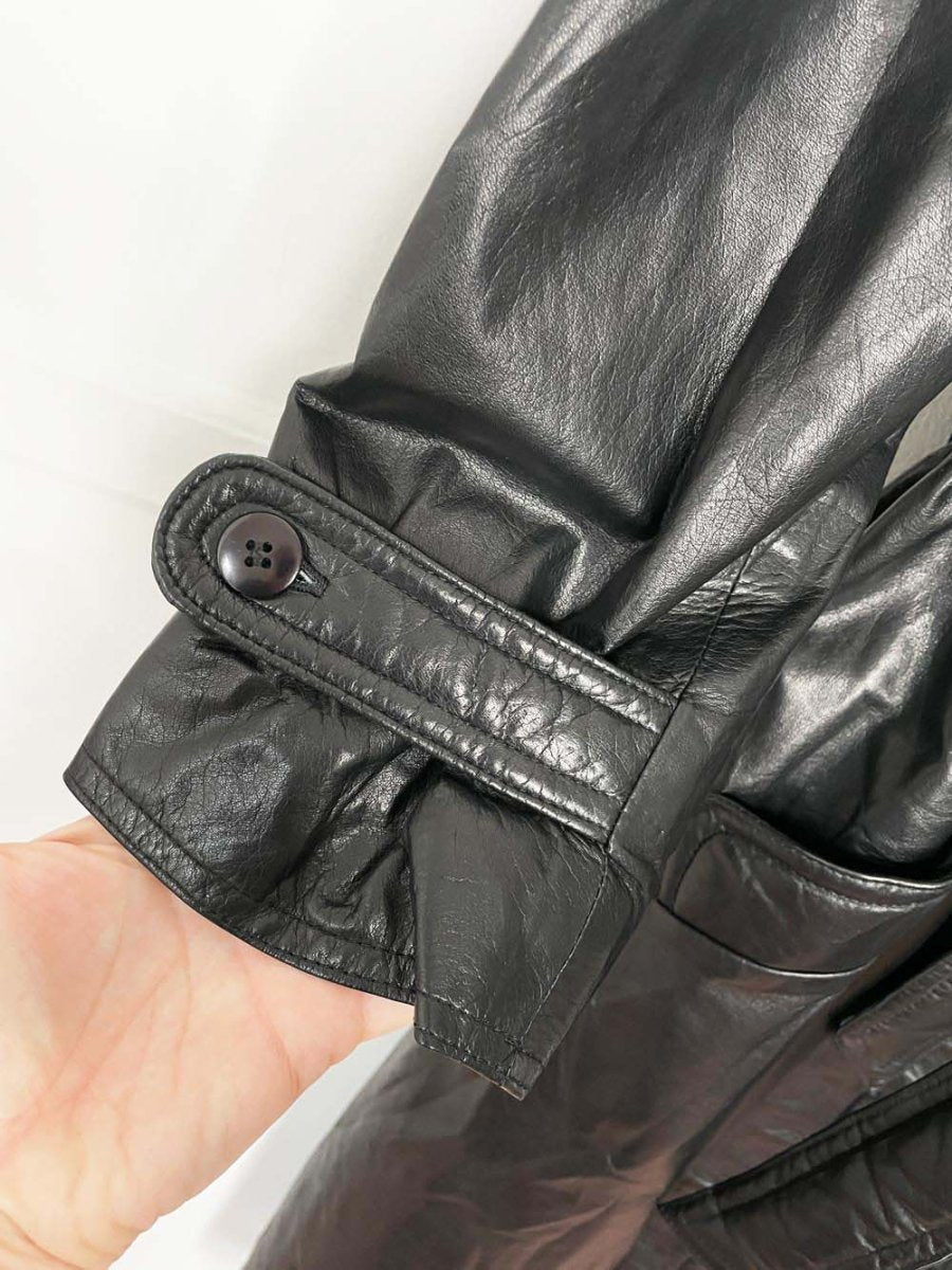 vintage butter leather pleated strong shoulder belted trench coat - good market thrift store