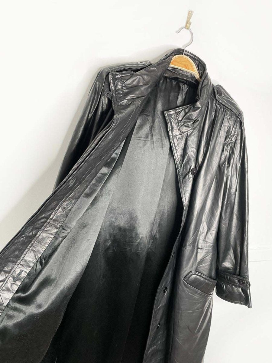 vintage butter leather pleated strong shoulder belted trench coat - good market thrift store