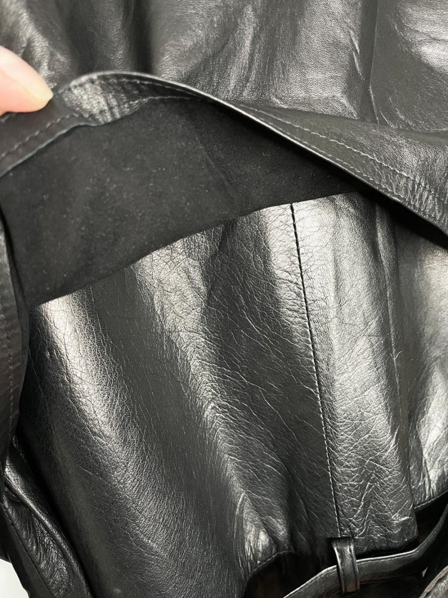 vintage butter leather pleated strong shoulder belted trench coat - good market thrift store