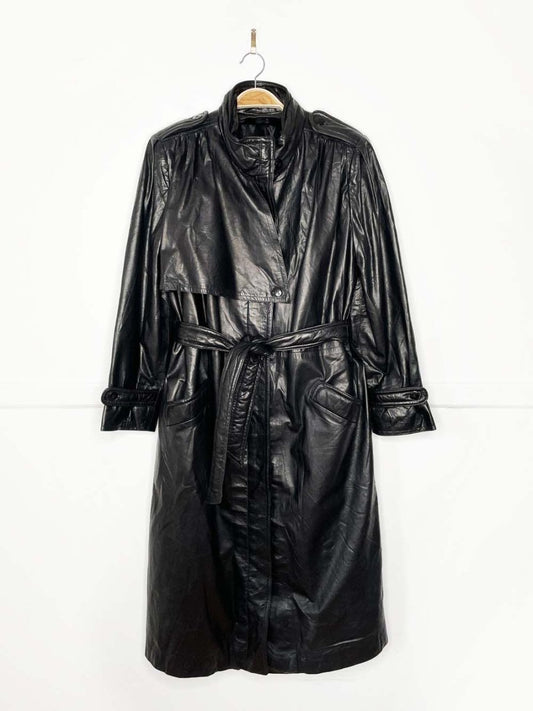 vintage butter leather pleated strong shoulder belted trench coat - good market thrift store