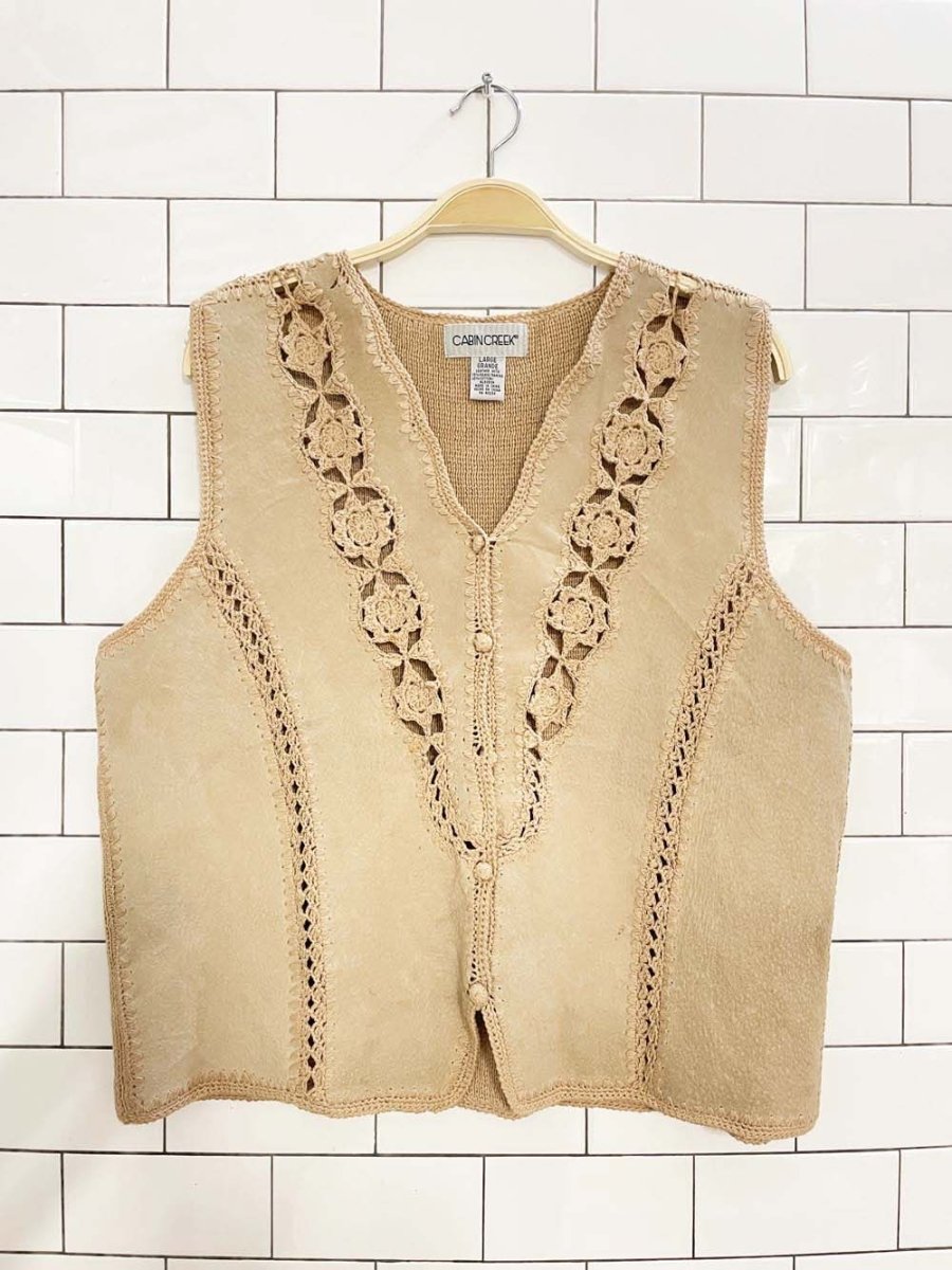 vintage cabin creek boho suede crochet trim vest - good market thrift store