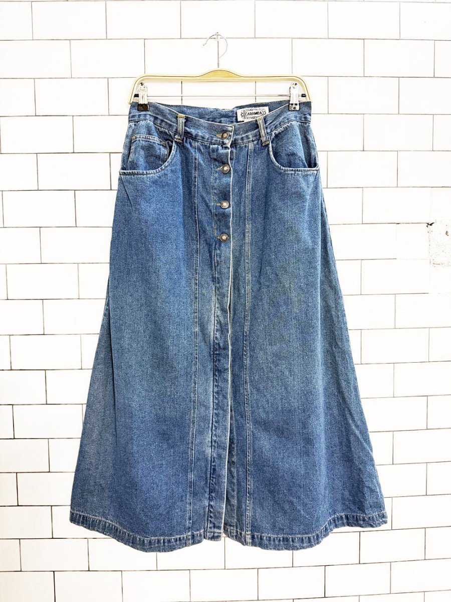 vintage caramba exposed button denim midi skirt - good market thrift store