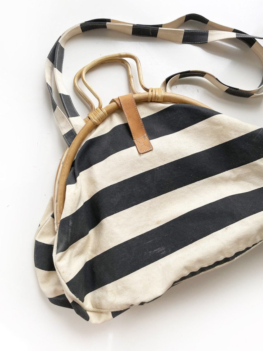 vintage casuelle bamboo handle nautical stripe cabana bag | leather buckle - good market thrift store