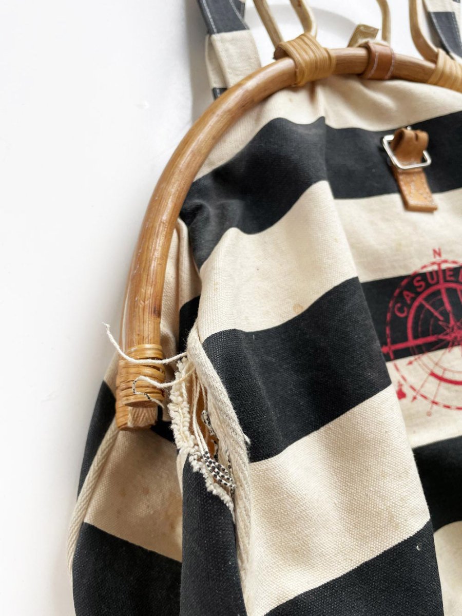 vintage casuelle bamboo handle nautical stripe cabana bag | leather buckle - good market thrift store