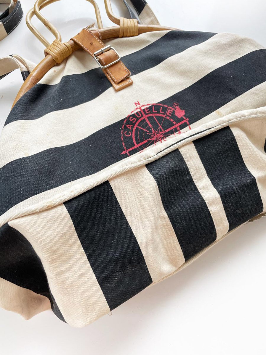vintage casuelle bamboo handle nautical stripe cabana bag | leather buckle - good market thrift store