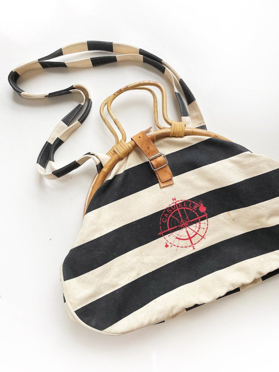 vintage casuelle bamboo handle nautical stripe cabana bag | leather buckle - good market thrift store
