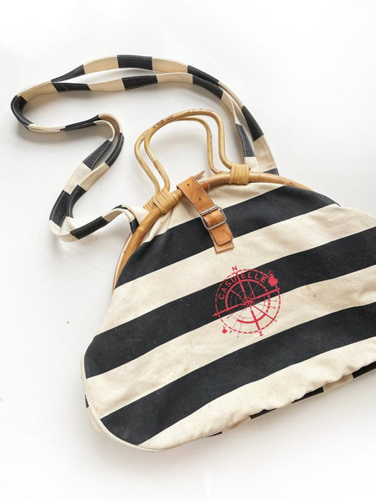 vintage casuelle bamboo handle nautical stripe cabana bag | leather buckle - good market thrift store