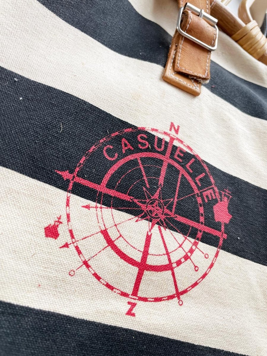 vintage casuelle bamboo handle nautical stripe cabana bag | leather buckle - good market thrift store